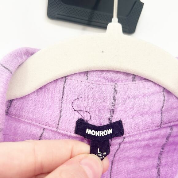Monrow Womens Boho Pinstripe Gauzy Cotton Collared Shirt Romper Size L Lavender‎ - Picture 3 of 8